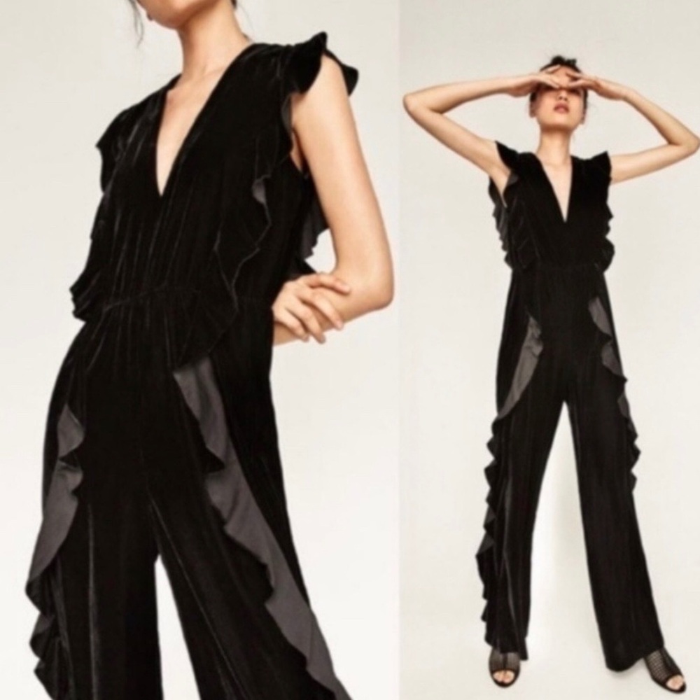 Zara Ruffle Velvet Jumpsuit